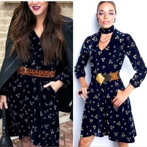 CABI blue velvet decked out floral dress size M NEW